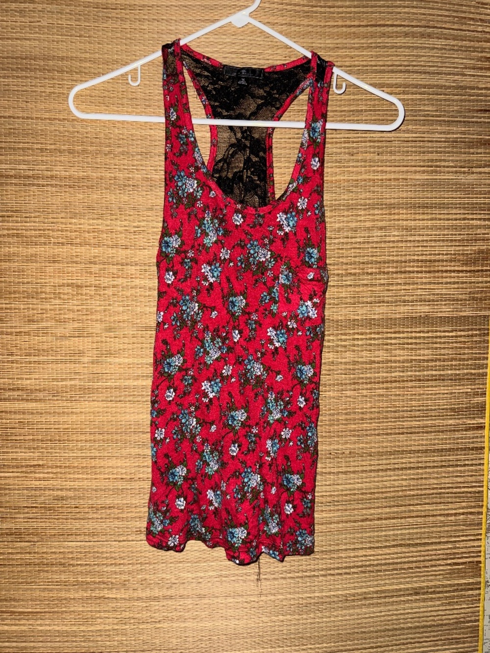 Iris Basic Red Floral Tank Top with Sheer Black Lace Back Size Small